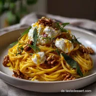 Nudeln in K&uuml;rbisso&szlig;e mit Burrata einfaches Herbst Rezept