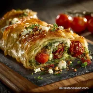 BlitzRezept Knuspriger Bl&auml;tterteigstrudel mit Pesto Feta und Tomate