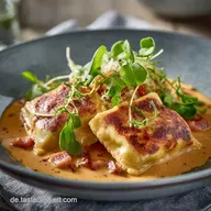 &Uuml;berbackene Maultaschen Der Schw&auml;bische Seelenw&auml;rmer mit K&auml;seSpeckSauce