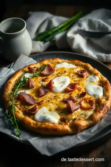 Knuspriger Flammkuchen mit Crème Fraîche und Zwiebeln presentation