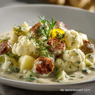 Blumenkohl Kartoffel Eintopf mit W&uuml;rstchen: Das cremige Seelenfutter Rezeptkarte