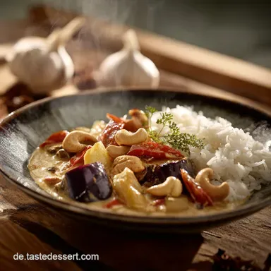 Das cremige Cashew Auberginen Curry Veganes Seelenfutter Rezeptkarte