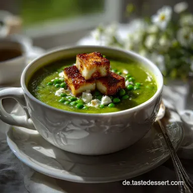 Cremige Erbsensuppe mit knusprigem Feta Einfaches: Samtig & Schnell Rezeptkarte