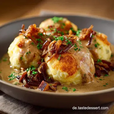 Kartoffelkn&ouml;del in SchinkenSahneSo&szlig;e Deutsches Comfort Food selber machen Rezeptkarte