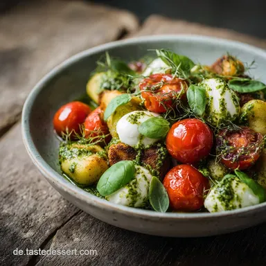 Sommerlicher GnocchiSalat Knusprig ger&ouml;stet mit Pesto Mozzarella Rezeptkarte