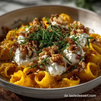 Nudeln in K&uuml;rbisso&szlig;e mit Burrata einfaches Herbst Rezept Rezeptkarte