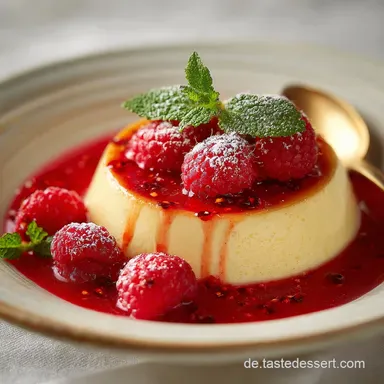 Samtiges Vanille Puddingdessert Flammeri Omas Rezept mit Roter Gr&uuml;tze Rezeptkarte