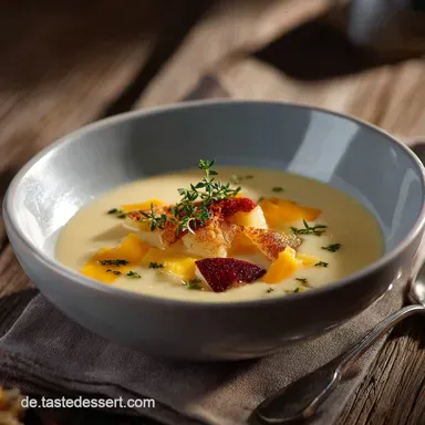 Festliche Pastinaken Apfel Suppe mit Cheddar: Samtige Vorspeise Rezeptkarte