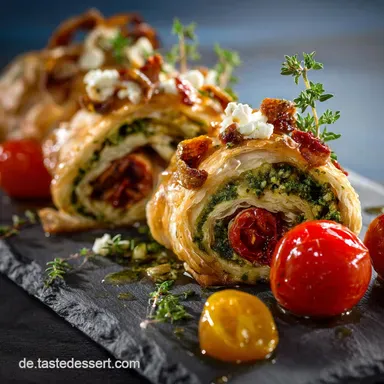BlitzRezept Knuspriger Bl&auml;tterteigstrudel mit Pesto Feta und Tomate Rezeptkarte