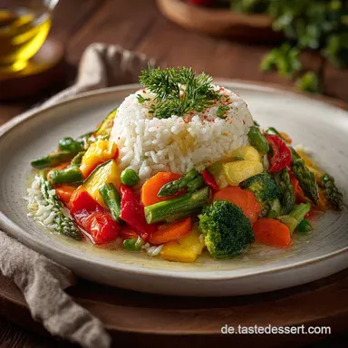 Gericht mit Reis und Gem&uuml;se in 25 Minuten | Schnelle Reispfanne Rezeptkarte
