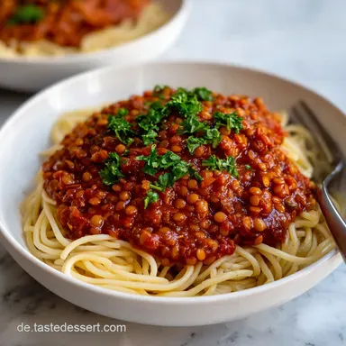 Rote Linsen Bolognese: Das einfache, herzhafte Veggie Rezept Rezeptkarte