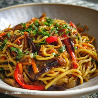 Schnelles veganes Rezept f&uuml;r gebratene chinesische Nudeln in 15 Minuten