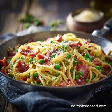 Schnelle SpaghettiErbsenPfanne mit Schinken und Pa in 25 Min. Rezeptkarte