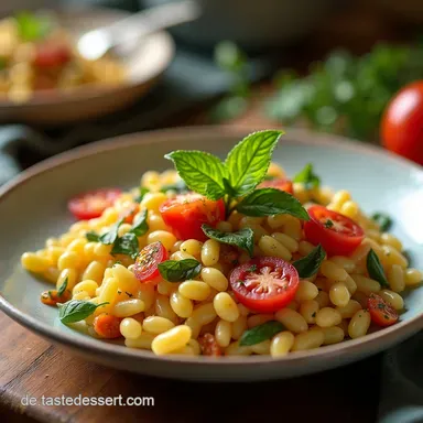 Leichter Orzo Salat vegan Mediterraner Sommergenuss mit Kr&auml;uterDressing Rezeptkarte