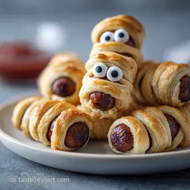 Schnelle Halloween Snack Idee als Fingerfood-Rezept mit W&uuml;rstchen-Mumien &ndash; Party-Ready Rezeptkarte