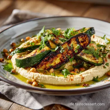 Zucchini Rezept: Schnell, knusprig vegetarisch auf scharfem Hummus Rezeptkarte