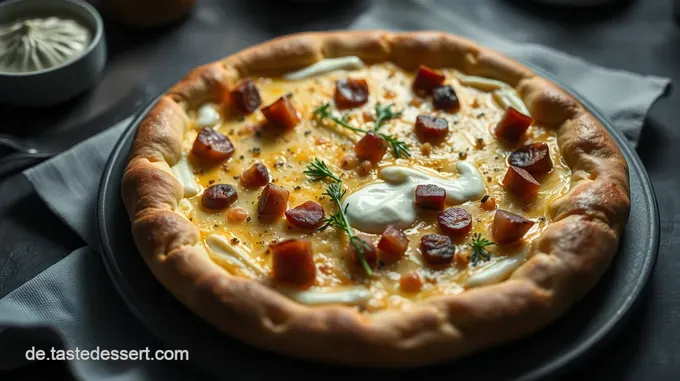 Knuspriger Flammkuchen mit Crème Fraîche und Zwiebeln