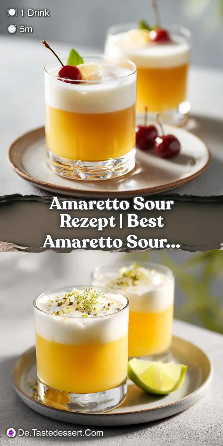 Close-up of a smooth, creamy amaretto sour topped with airy white foam and a bright red cherry.