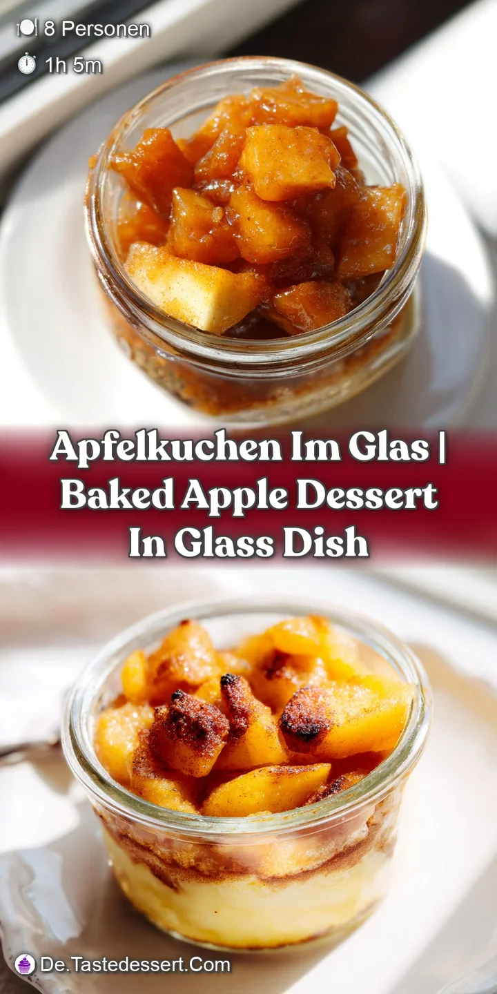 Nahaufnahme einer Glasschicht mit weichen, goldgelben Apfelst&uuml;cken, fluffigem Kuchen und einer cremigen wei&szlig;en Haube.