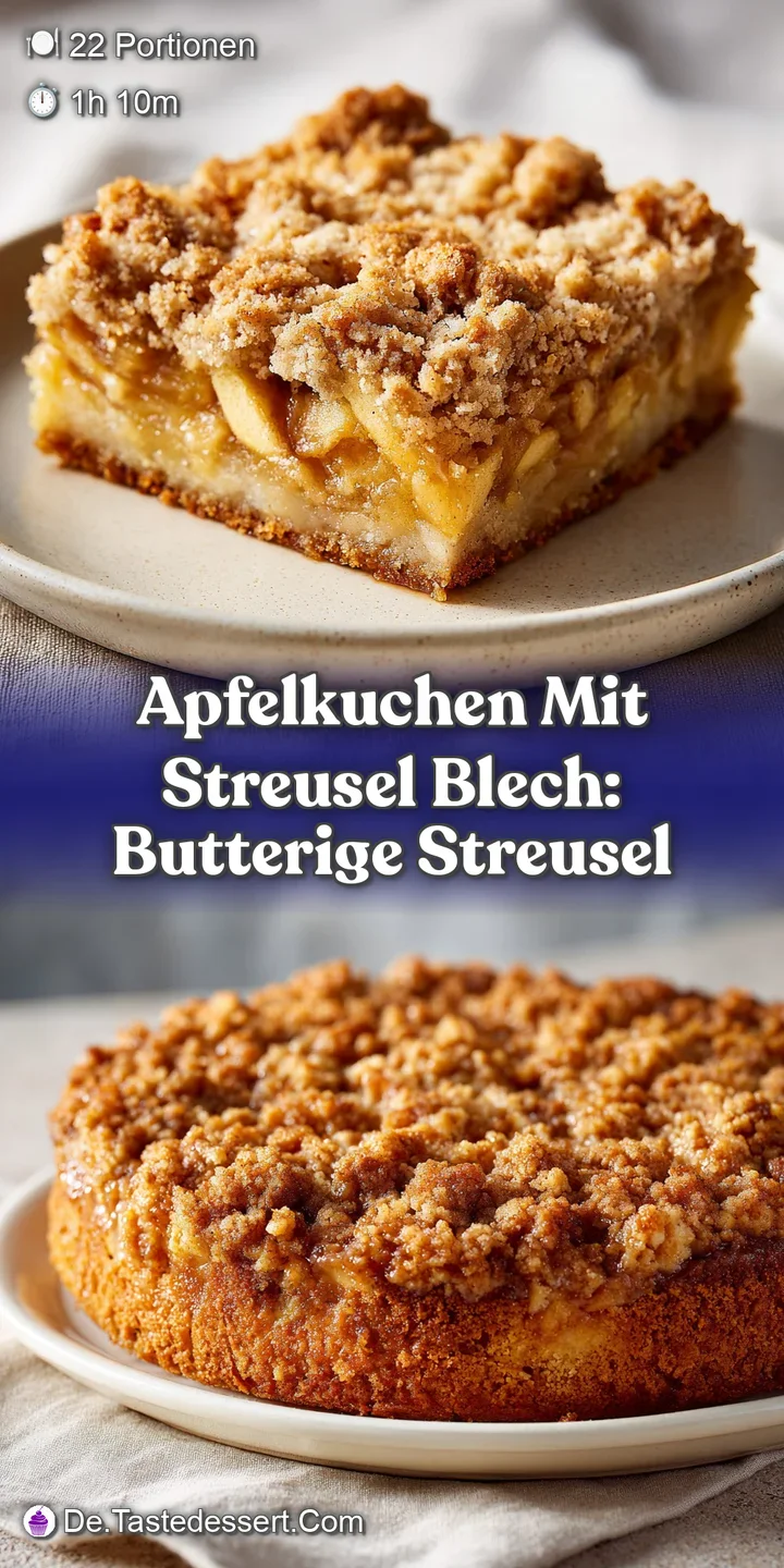 Close-up of crumbly streusel topping on a moist apple cake. The golden-brown streusel is buttery and sugary, atop tender a...