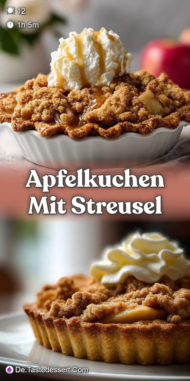 Close-up of a warm apple cake slice reveals juicy apple pieces and crisp, golden streusel. Soft crumb contrasts with the c...