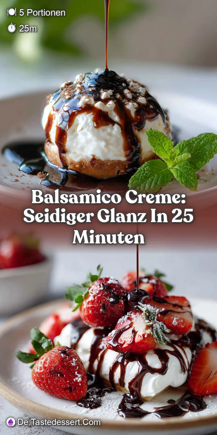Close-up reveals the balsamic creme's captivating shine and velvety smoothness; A rich, inviting dessert with tempting swi...