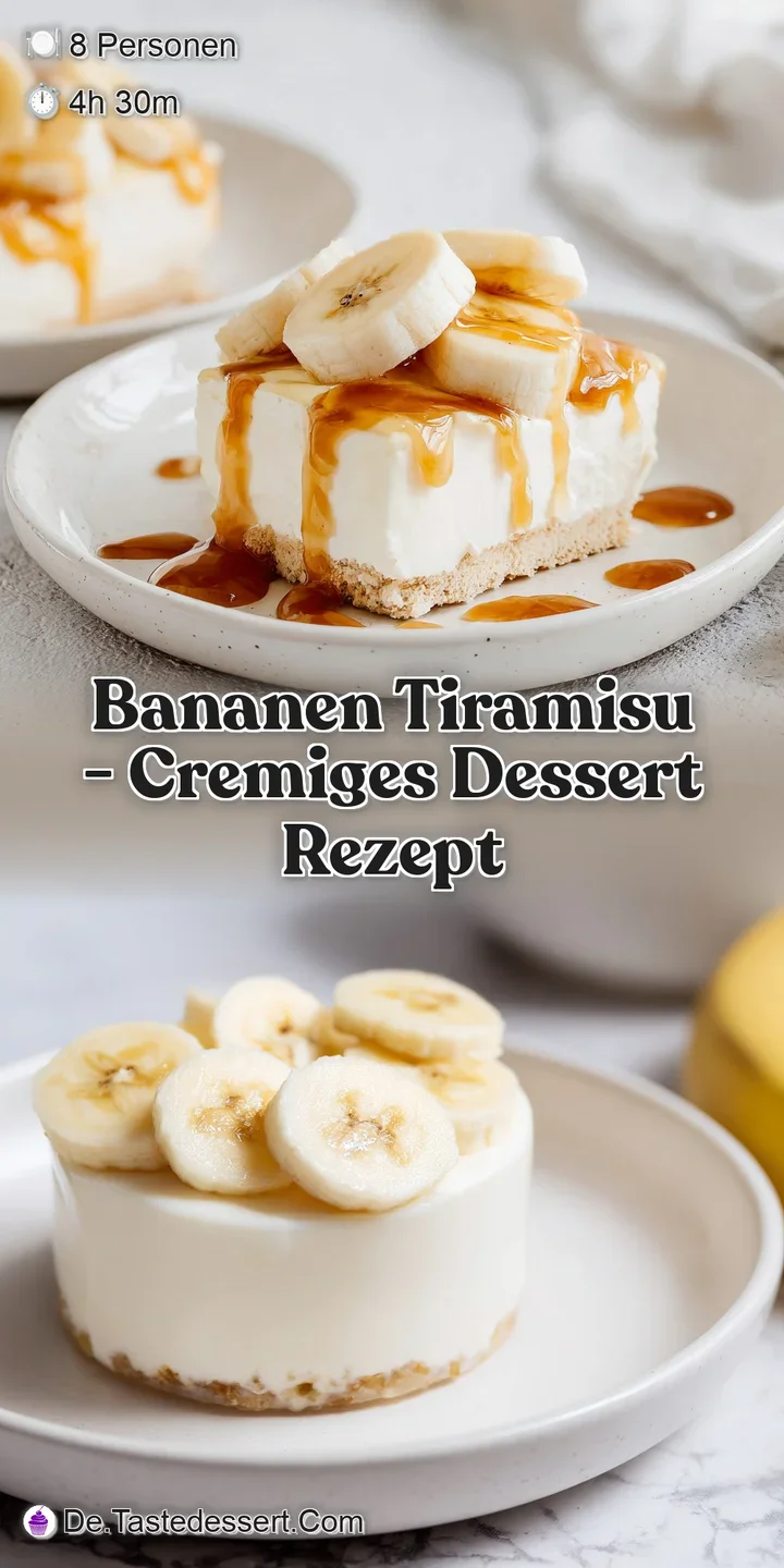 Detailansicht der samtigen, wei&szlig;en Creme-Schichten mit goldgelben Bananen und einer feinen Kakaost&auml;ubung obenauf.