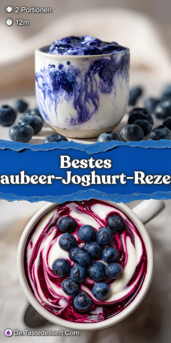 Close-up of plump, glistening blueberries nestled in rich, smooth yogurt. Hints of granola texture peek through the berry ...