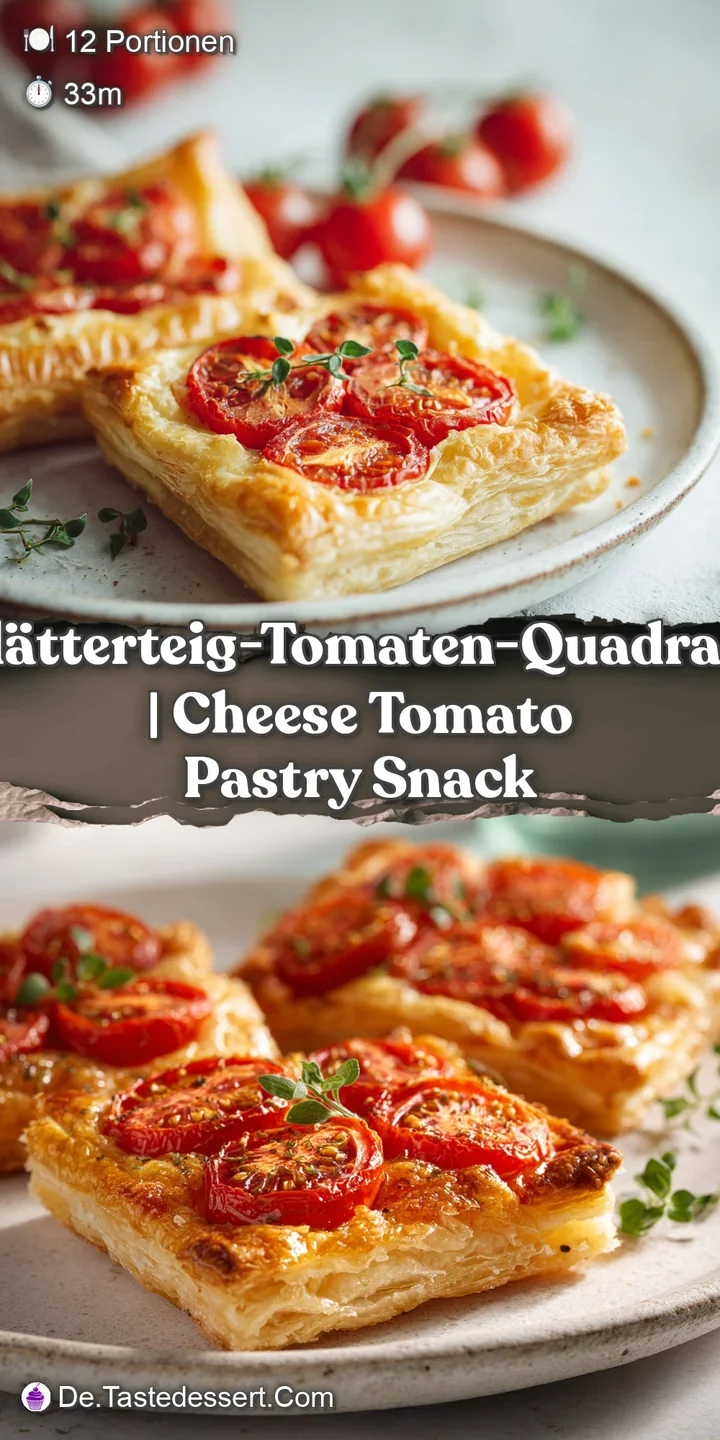 Close-up of a single, golden-brown puff pastry square with glistening, ripe tomatoes and melted cheese. Crisp edges and so...
