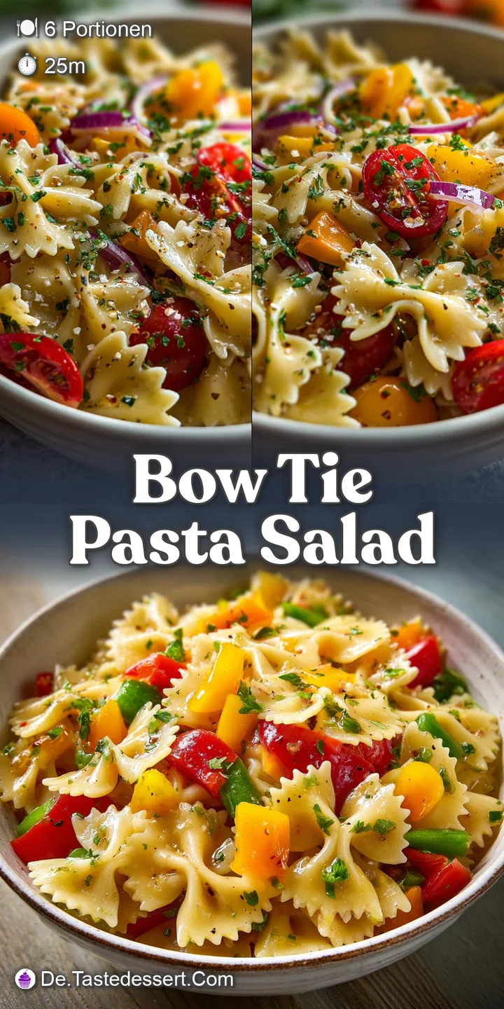 Close-up of bow tie pasta salad, highlighting the glistening olive oil dressing and the varied textures of the ingredients.