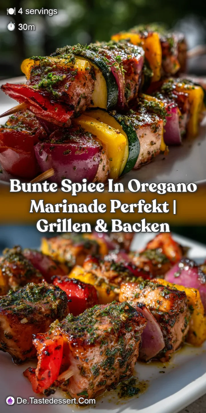 Vibrant skewers of grilled meat and vegetables, glistening with marinade, arranged on a rustic wooden platter with fresh o...