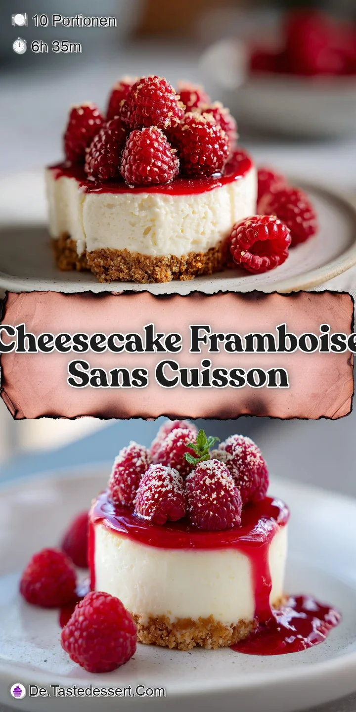 Close-up of the cheesecake's textured surface. Swirls of bright pink raspberries blend into the creamy, pale yellow filling.