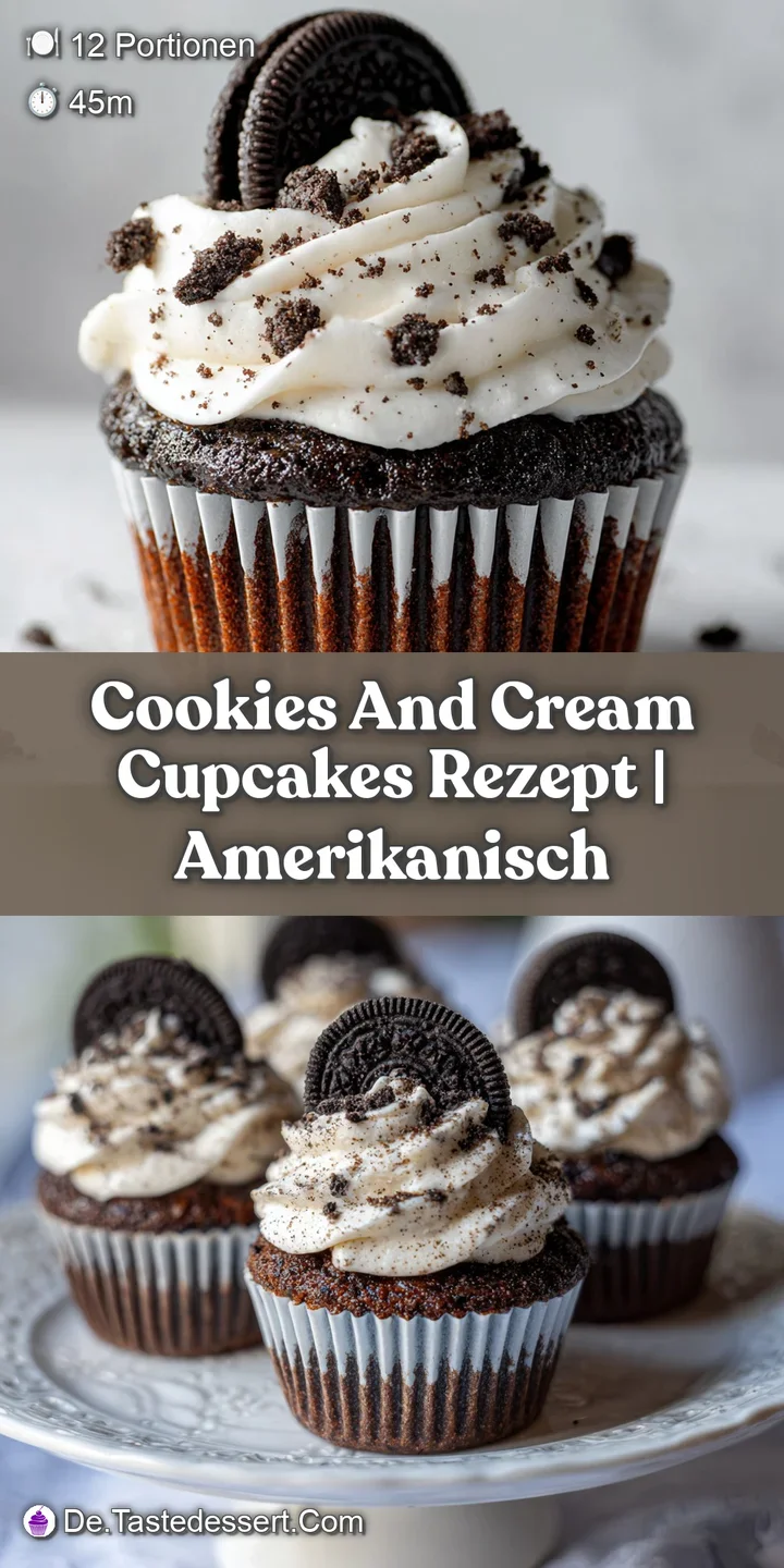 Close-up of a cookies & cream cupcake with a moist, dark chocolate cake base and fluffy, sweet frosting, topped with cooki...