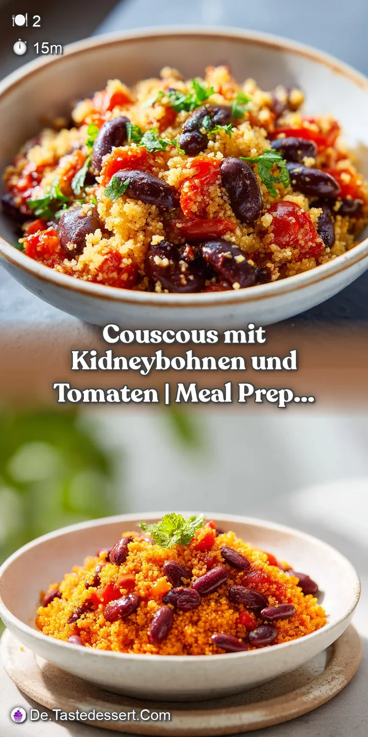 Close-up of tender couscous grains mingling with deep red kidney beans and glistening tomato pieces, hinting at warmth.