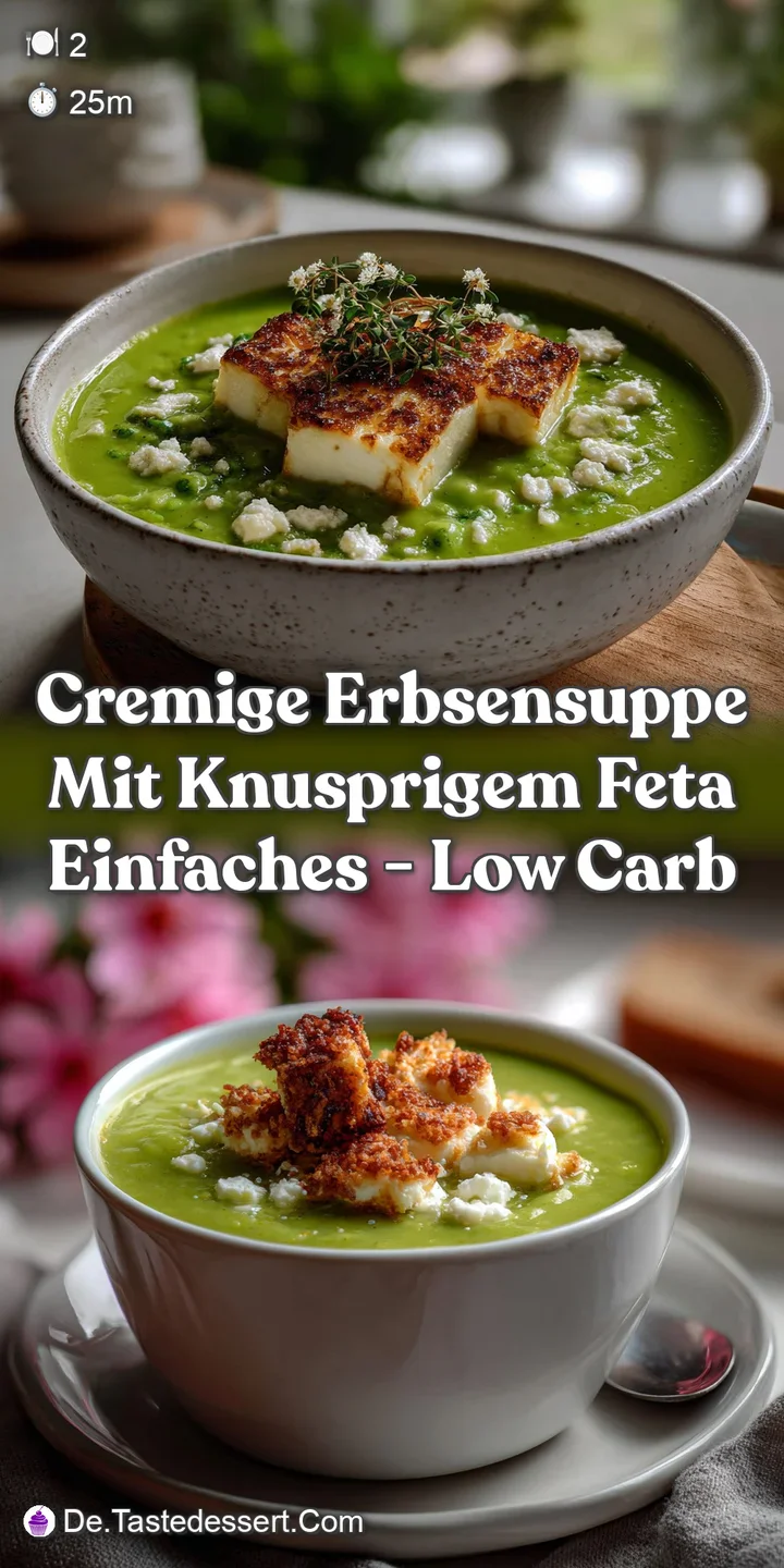 Vibrant green pea soup, swirled with creamy texture, topped with golden, crispy feta cheese crumbles. A comforting, warm d...