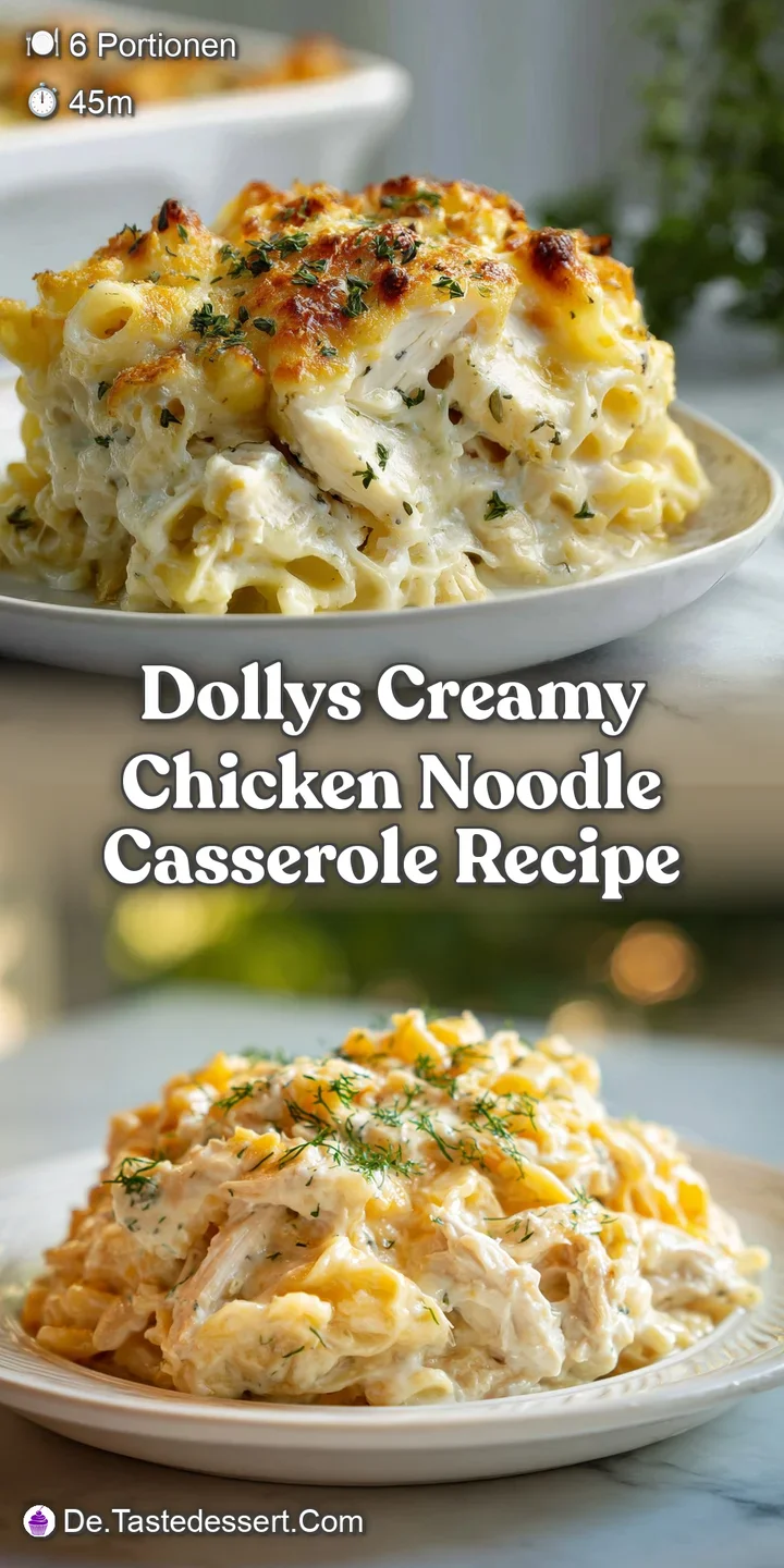 Close-up of a creamy, comforting chicken noodle casserole. Notice tender noodles, juicy chicken and bubbling golden cheese.