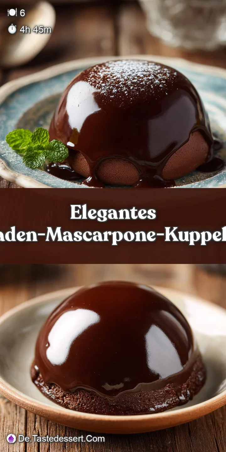 Close-up reveals the rich, dark chocolate shell of the dome dessert. Mascarpone filling peeks through a crack, promising c...