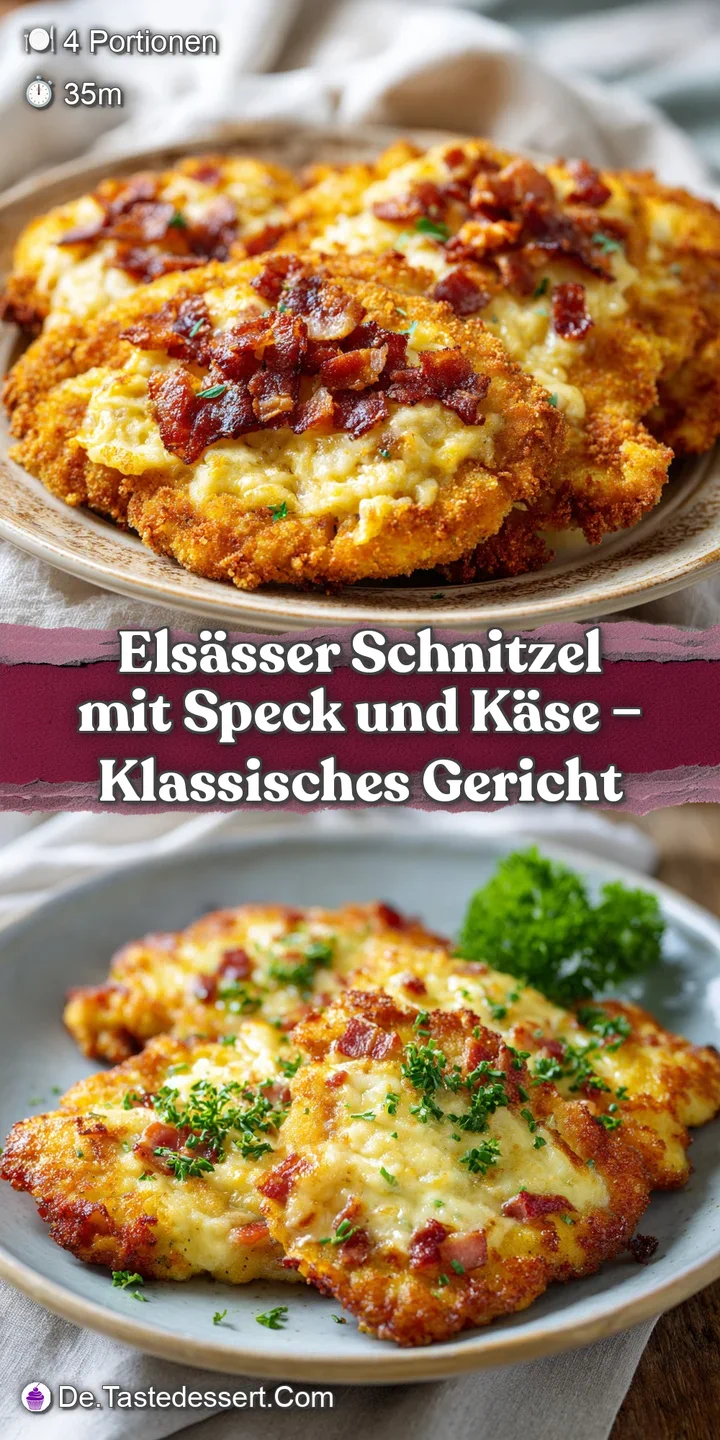 Close-up: Juicy schnitzel oozing melted cheese, studded with smoky bacon bits. Golden crispy edges hint at delicious texture.