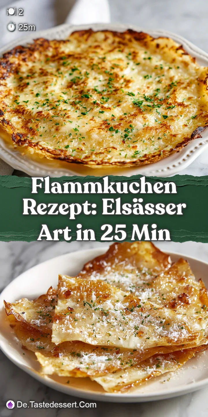 Close-up reveals crispy, bubbly crust of the Flammkuchen. Toppings of speck and onion glisten. Inviting, warm color palette.