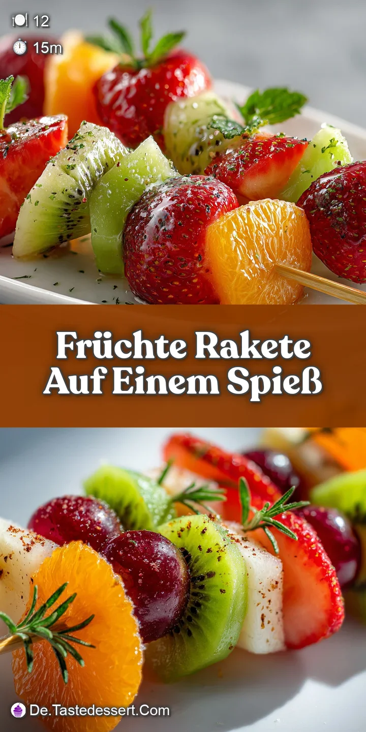 Close-up of a juicy strawberry atop a fruit skewer. The glistening fruit contrasts with the blurred background. Mouthwater...
