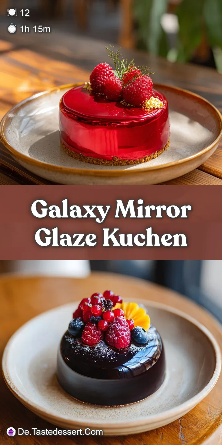 Close-up of galaxy mirror glaze with vibrant, marbled colors. The kuchen surface reflects light, appearing smooth and almo...