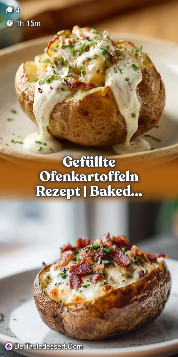 Close-up shows the rich, textured filling of a baked potato, hints of melted cheese, and vibrant green herbs.