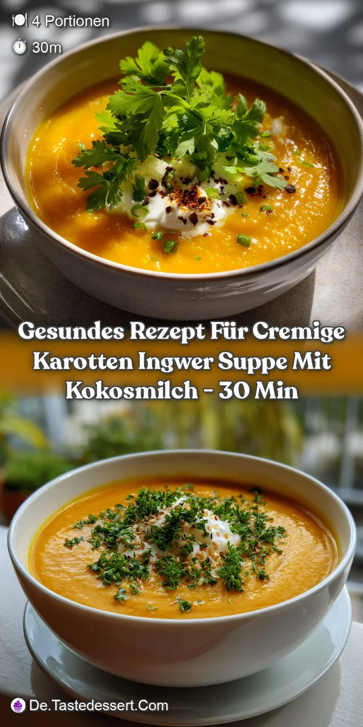 Close-up of a steaming, velvety soup with visible ginger flecks, swirled coconut milk, and bright orange hues. A comfortin...