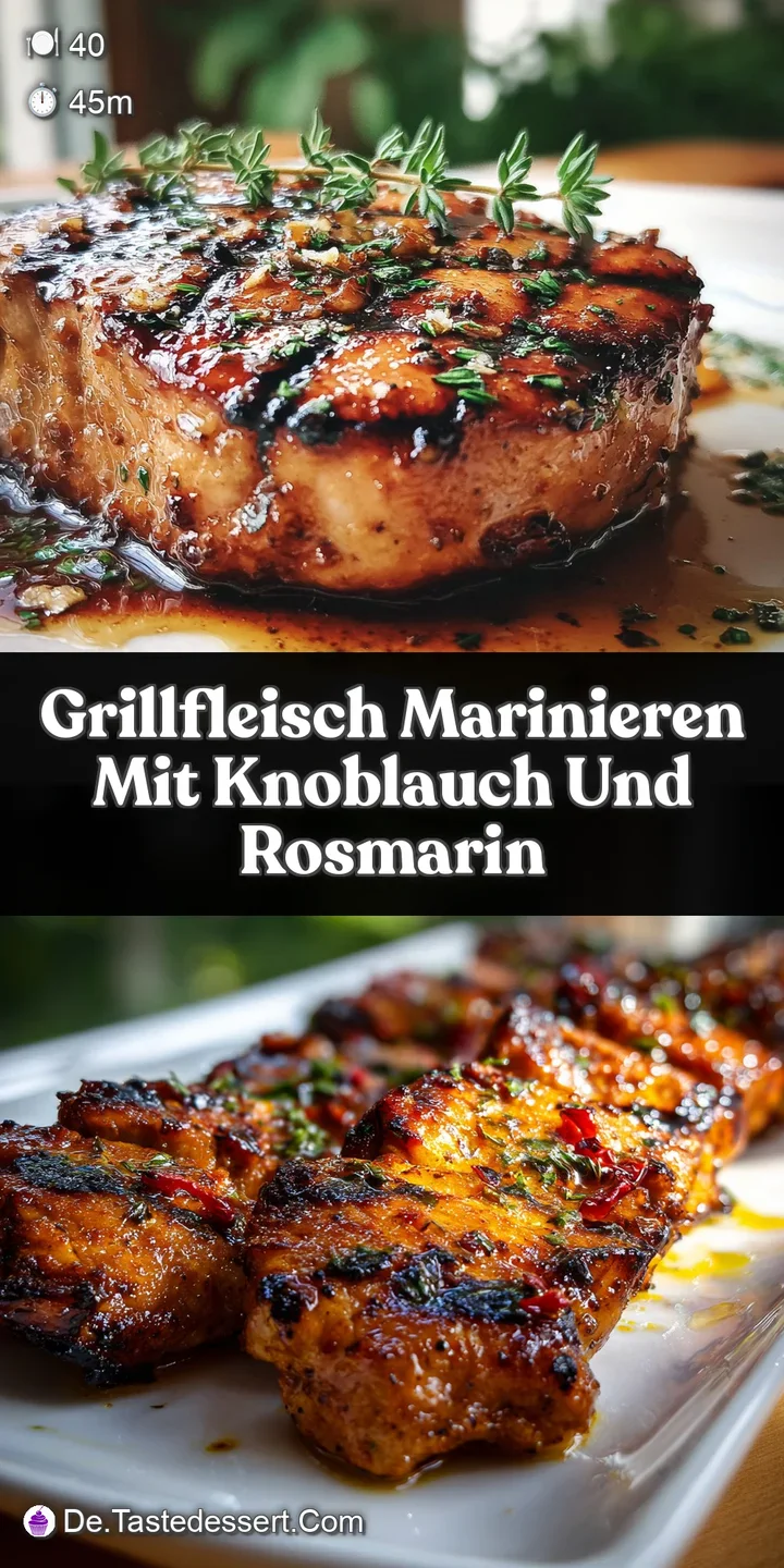 Close-up reveals juicy grilled meat infused with herbs, garlic slivers add flavor hints, visually mouthwatering.