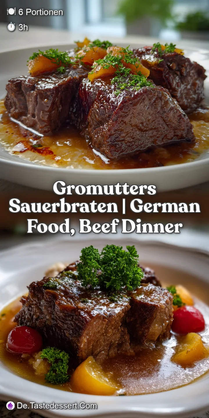Close-up of succulent sauerbraten, showcasing the tender, pulled texture of the meat and the depth of flavor in the dark s...
