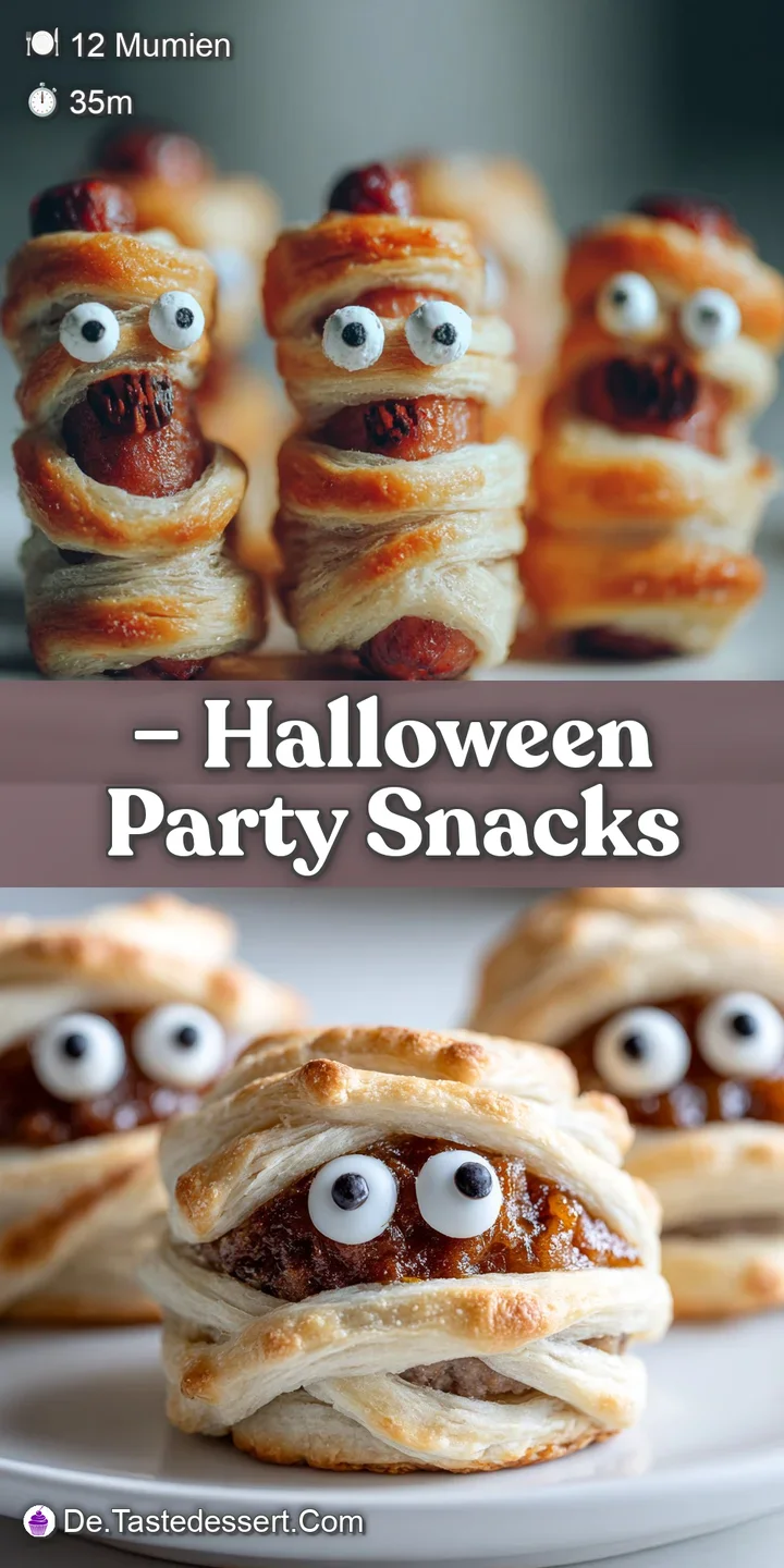 Close-up: a golden, flaky sausage mummy with mustard eyes peers out. The wurst glows and invites a bite of spooky fun.