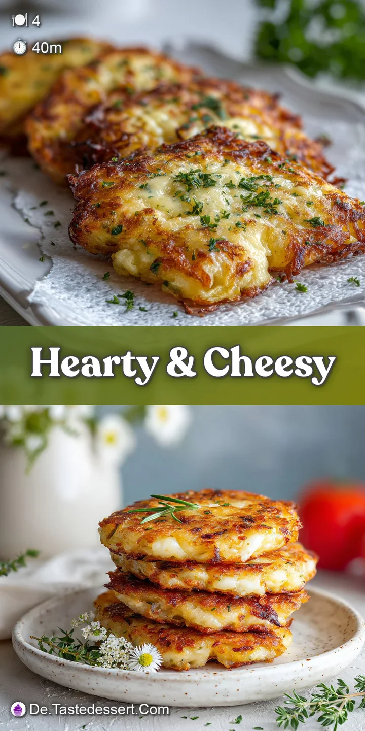 Close-up reveals the crisp, golden edges of a cheesy potato r&ouml;sti. Filling oozes from the sliced potatoes.