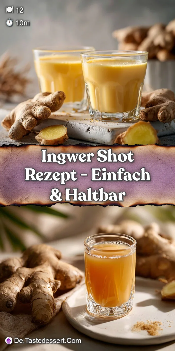 Golden liquid ginger shot in a clear glass, condensation droplets clinging, placed alongside fresh ginger and lemon slices.