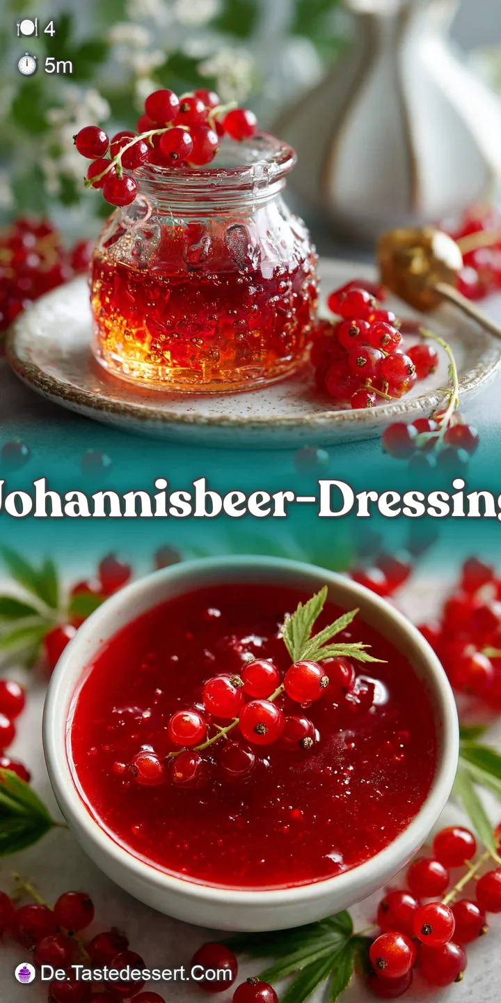 Close-up of the luscious red currant dressing, showcasing its smooth, almost velvety texture and intense ruby-red color. S...