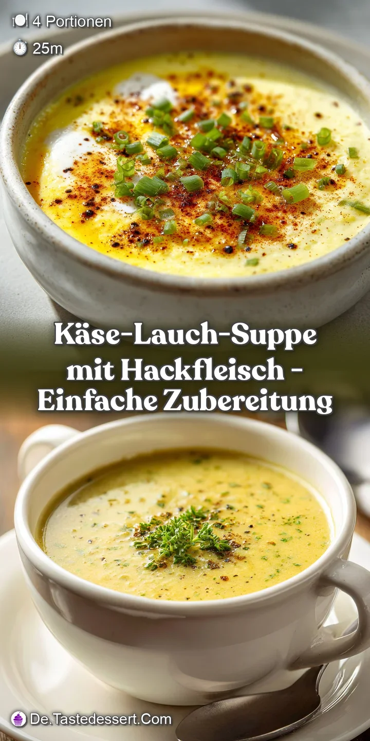 Close-up of rich, cheesy soup with savory ground beef and bright green leeks; warm and comforting food, perfect for a chil...